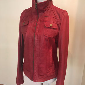 Red Leather Fitted Zip Up Jacket VGUC